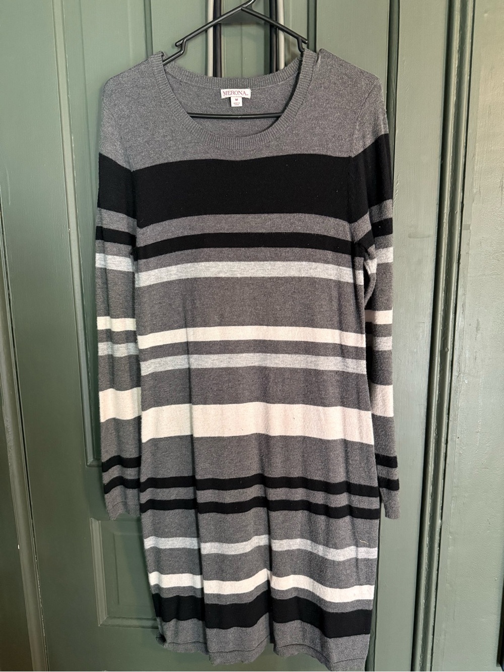 Merona Black, Gray & White Striped Crewneck Sweater Dress